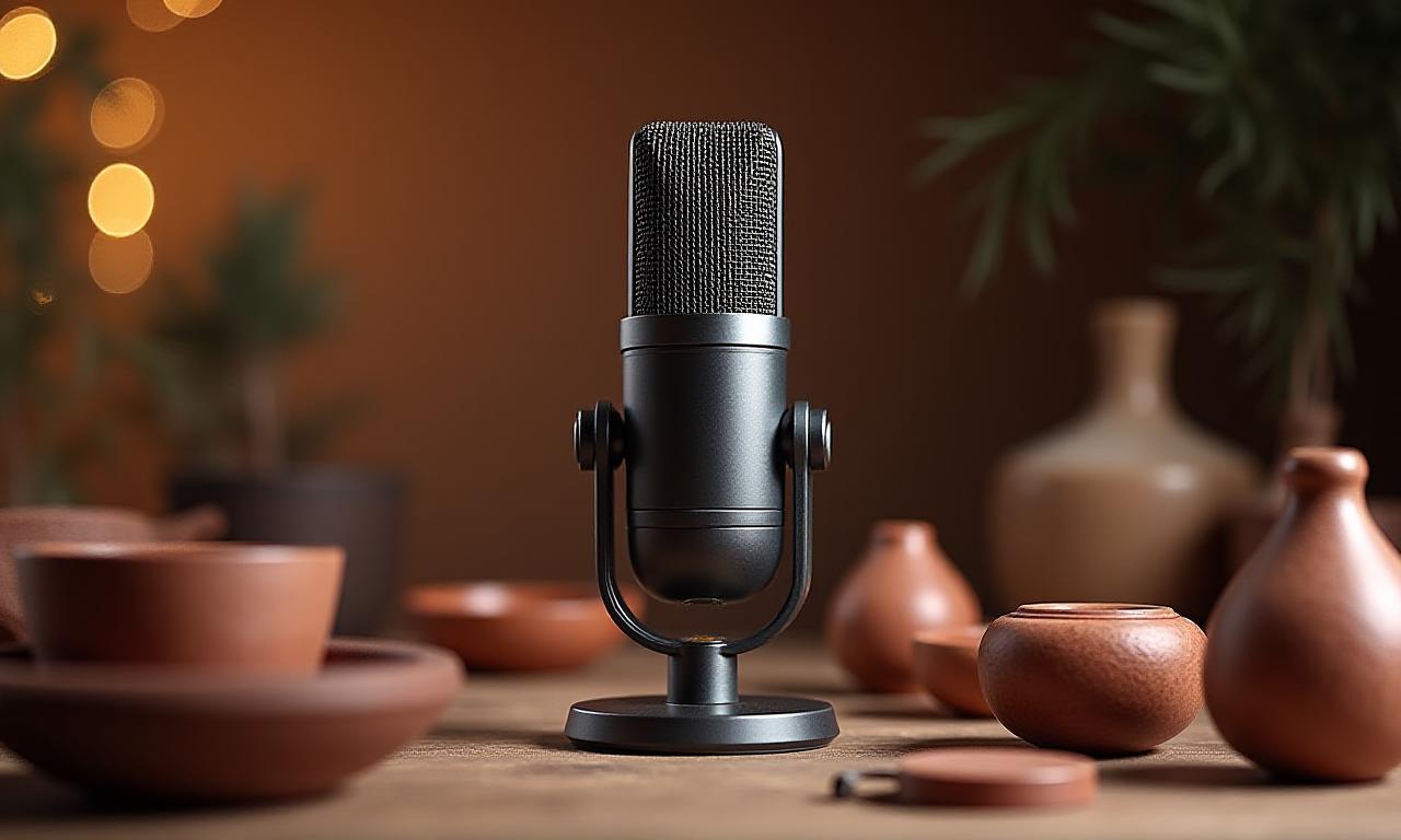 Un micrófono profesional fusionado artísticamente con piezas de cerámica artesanal, simbolizando la unión de sonido y arte