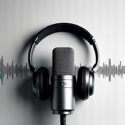 Un micrófono de estudio con auriculares, fondo abstracto